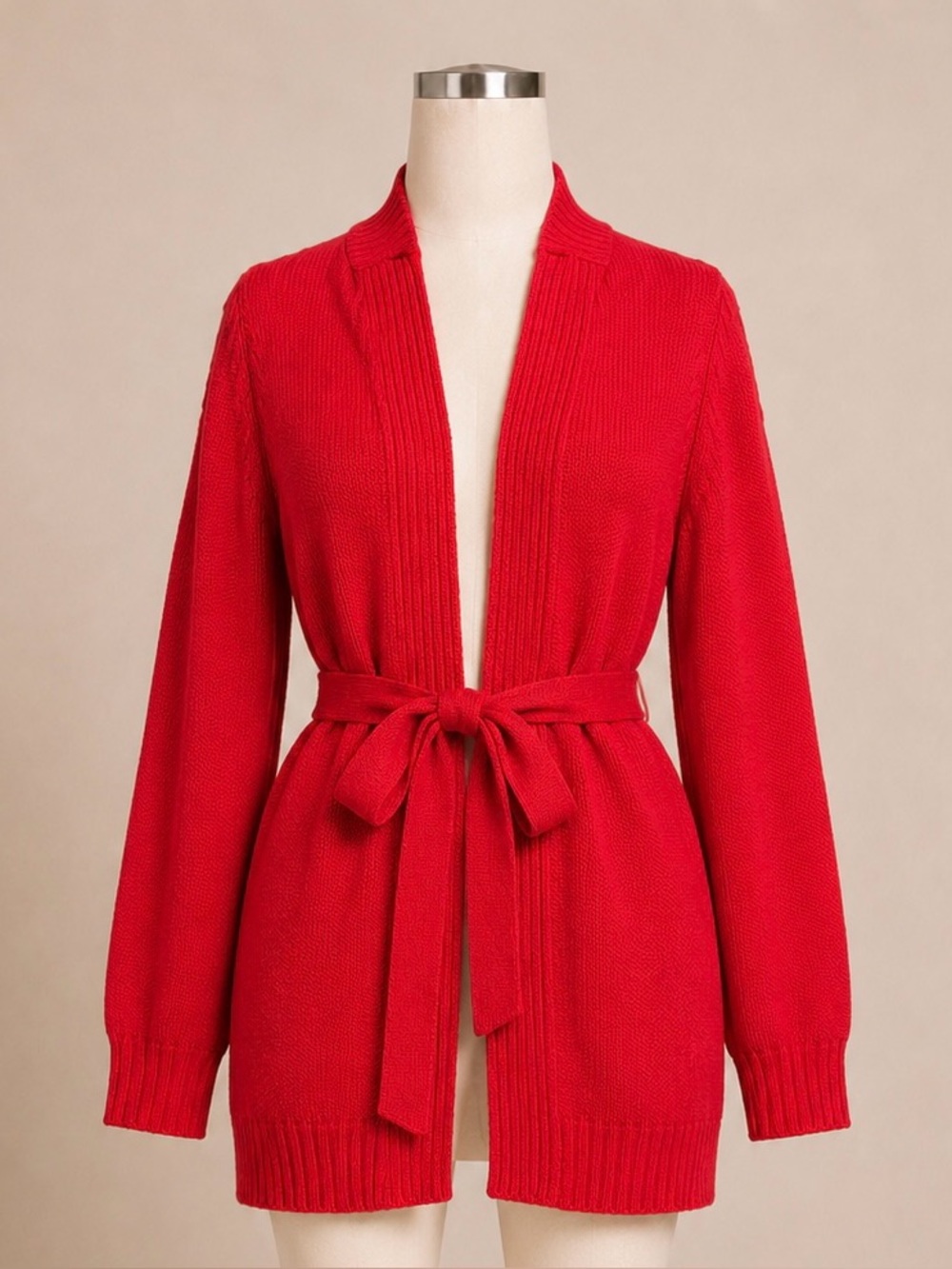 Studio Works Cardigan Sweater Red Belted Open Front 100% Cotton Women XL